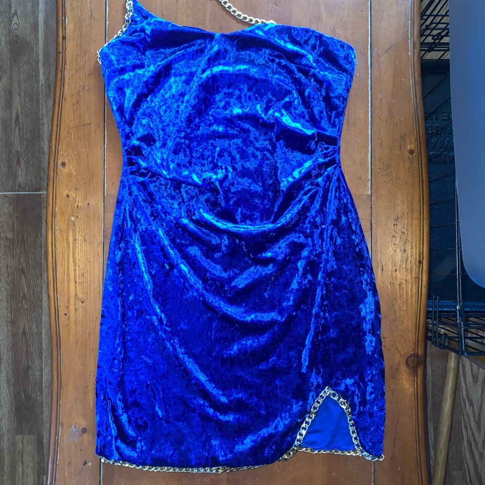 Blue Ruched One Shoulder Mini Dress